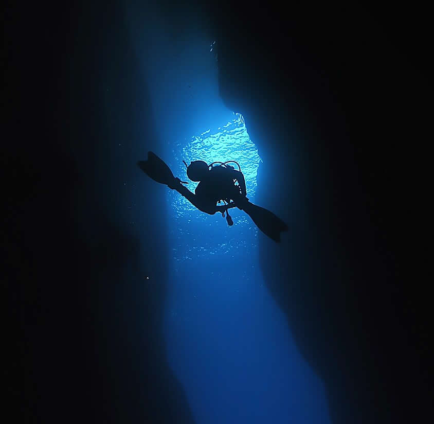 Inland Sea Tunnel at Dwejra, Gozo, viewed from the sheltered Inland Sea